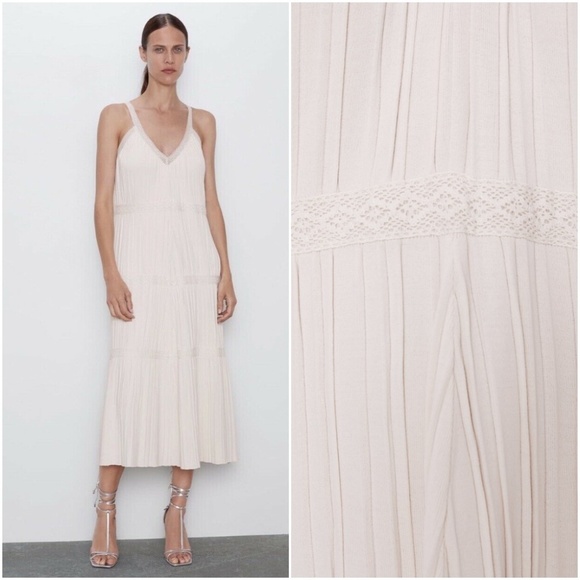 Zara Dresses Zara Pink Nude Bandage Knit Pleaded Lace Midi Long